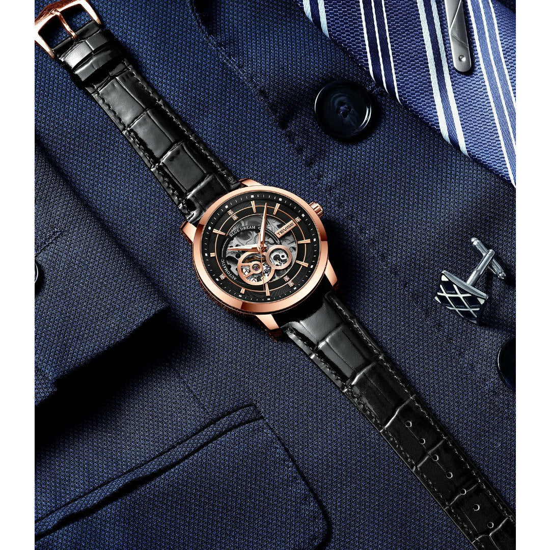 TEVISE Blue Dream Automatic Leather Black/Rose Gold Watch