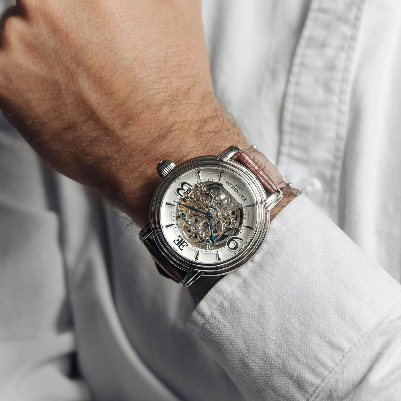 THOMAS EARNSHAW LONGCASE GRANDE SKELETON AUTOMATIC CLOUD WHITE