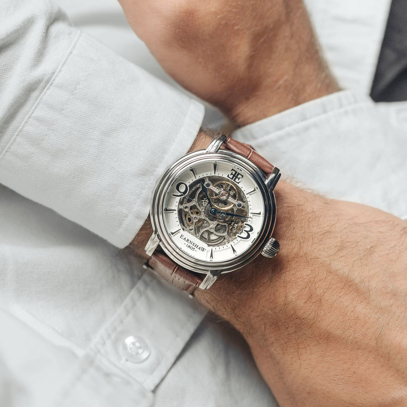 THOMAS EARNSHAW LONGCASE GRANDE SKELETON AUTOMATIC CLOUD WHITE