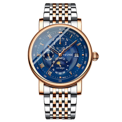 TEVISE Namura Classic Steel Moonphase Rose Gold/Blue Watch