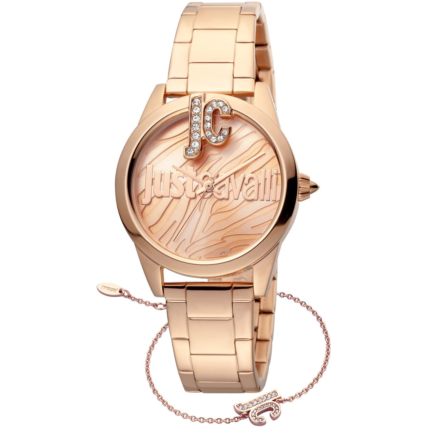 JUST CAVALLI JC Bling Diamante Zirconia Steel Rose Gold + Free Bracelet Watch