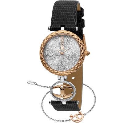 JUST CAVALLI Changi Glitter Rose Gold Leather Black + Free Bracelet Watch