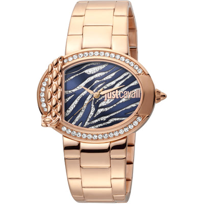 JUST CAVALLI Eve Steel Bling Zirconia Rose Gold Tone Blue Zebra Watch