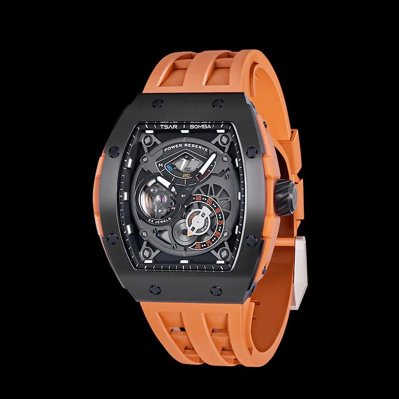 TSAR BOMBA Men's Automatic Power Reserve Watch TB8210A Black / Orange