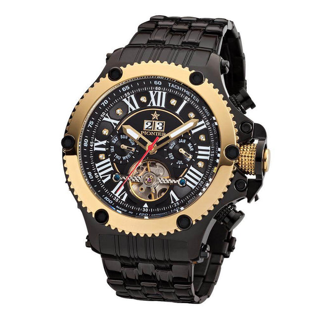 TUFINA GERMANY NEW YORK DIAMONDS PIONIER STEEL BLACK | GOLD TRIM Watch