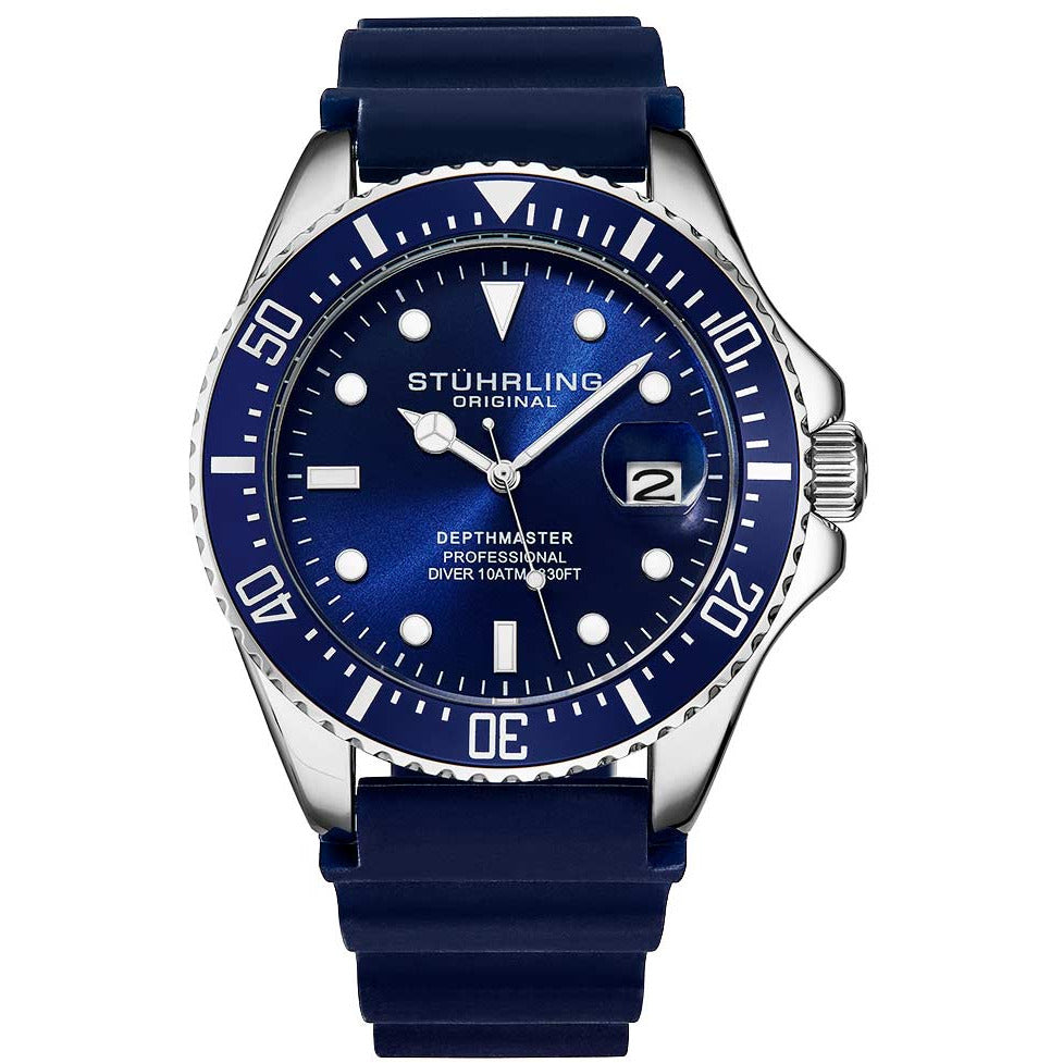 STUHRLING ORIGINAL 3950 Aquadiver Quartz 42mm Depth Master Silicone Watch Navy Blue