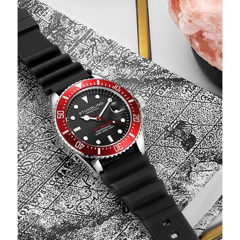 STUHRLING ORIGINAL 3950 Aquadiver Quartz 42mm Depth Master Silicone Watch Black/Red