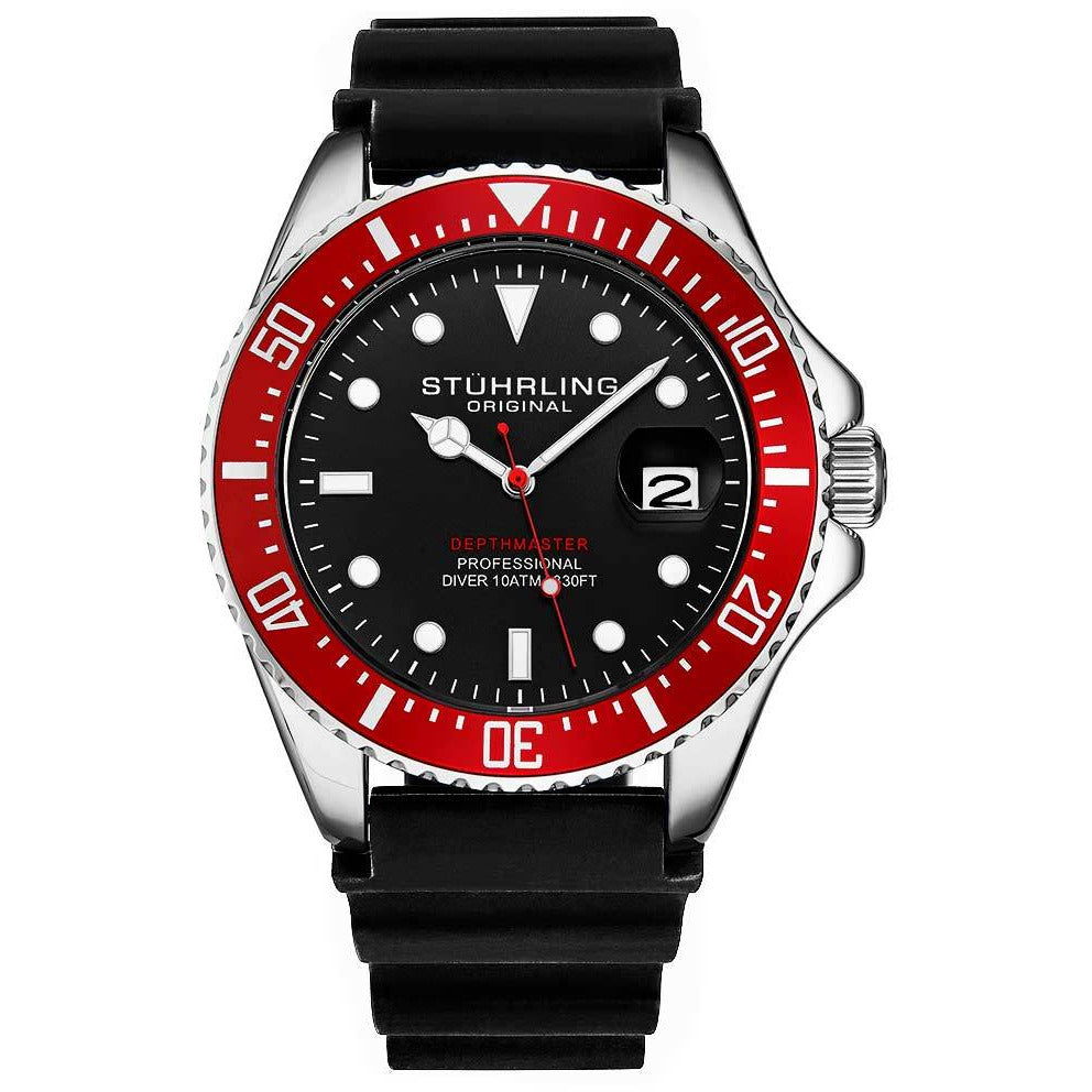 STUHRLING ORIGINAL 3950 Aquadiver Quartz 42mm Depth Master Silicone Watch Black/Red