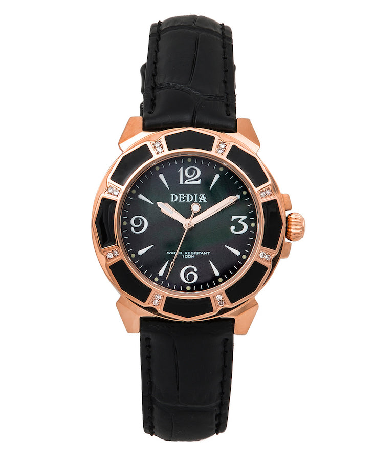 Lily L Black Mother of Pearl Diamond Rose Gold Watch