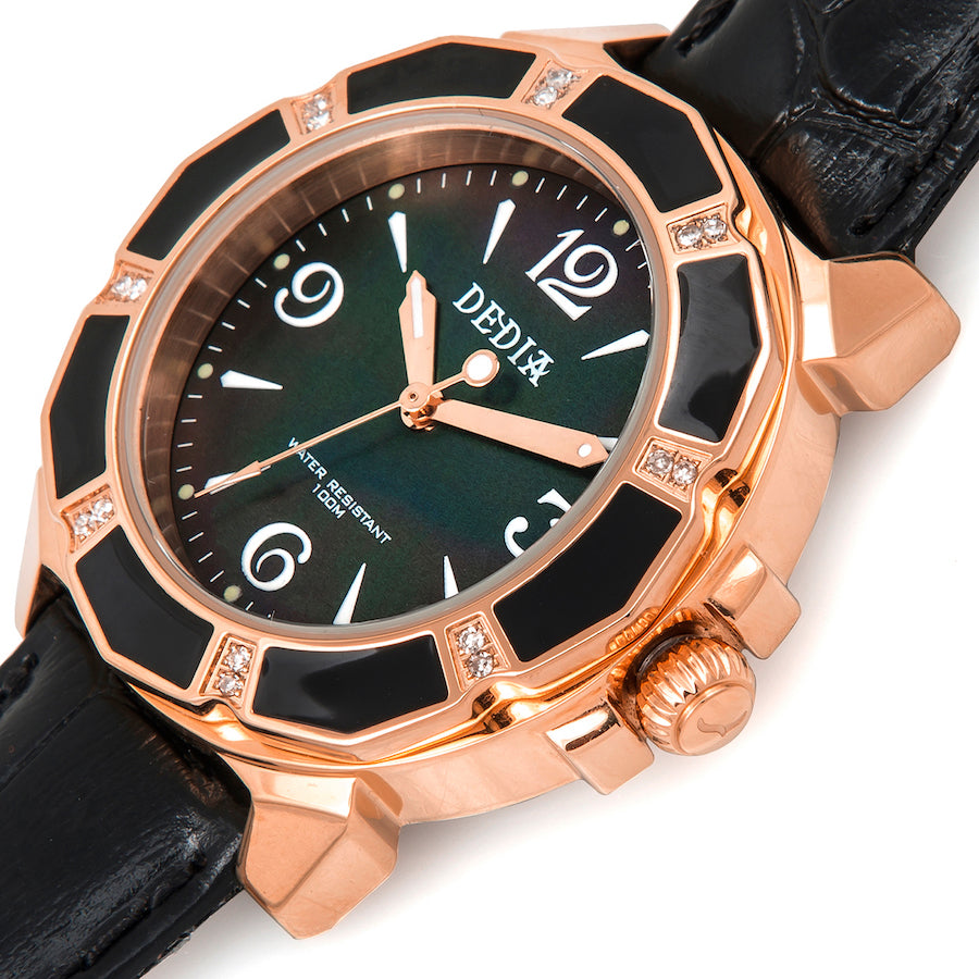 Lily L Black Mother of Pearl Diamond Rose Gold Watch