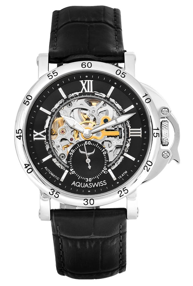 Men's Lex Automatic Leather Watch Black/Silver