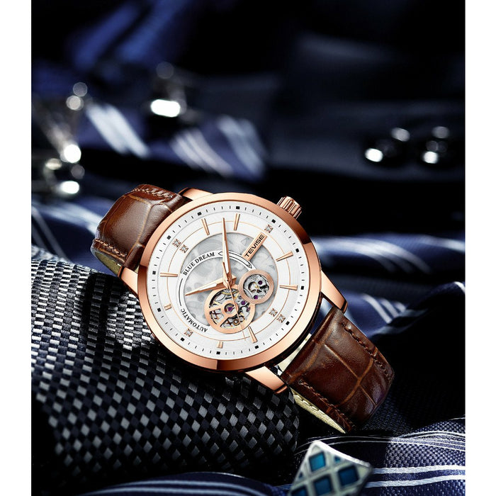 TEVISE Blue Dream Automatic Leather White/Rose Gold Watch