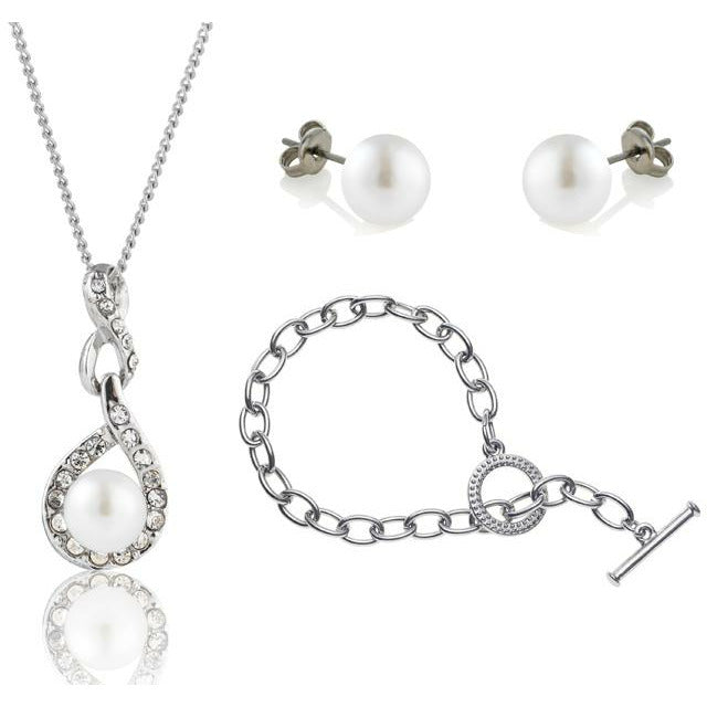 BRITISH JEWELLERS Freshwater Pearl Adaliz Set with Tiffany-Style Bracelet