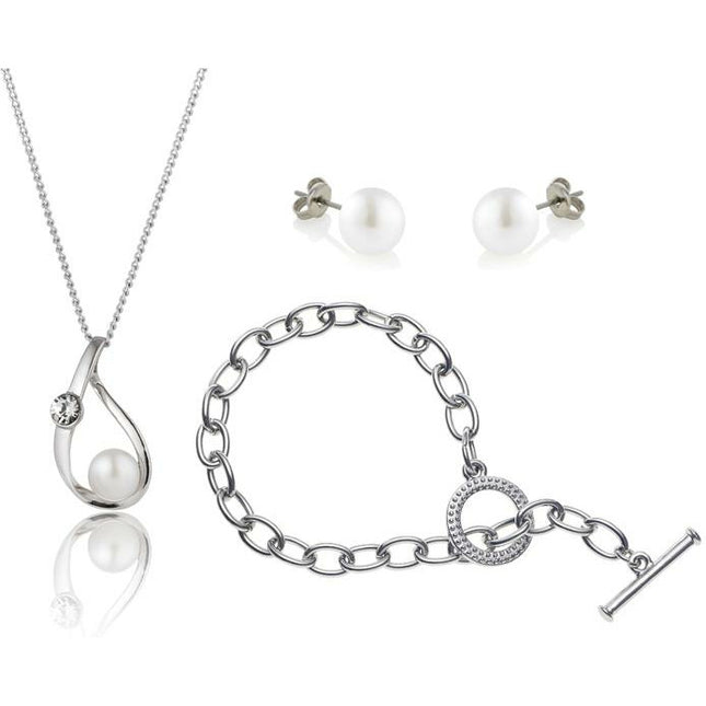 BRITISH JEWELLERS Freshwater Pearl Elegance Set with Tiffany-Style Bracelet