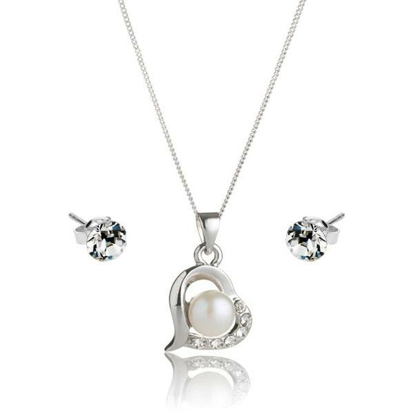 BRITISH JEWELLERS Freshwater Pearl Love Pendant and Solo Stud Earrings Set