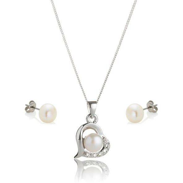 BRITISH JEWELLERS Freshwater Pearl Love Pendant and Pearl Stud Earrings Set
