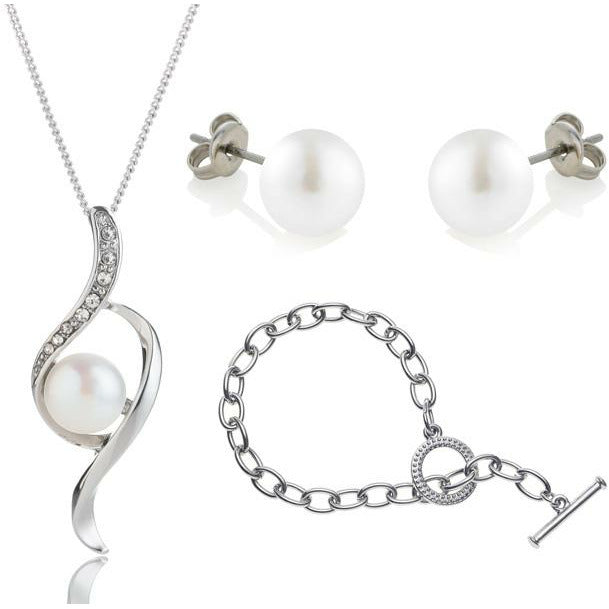 BRITISH JEWELLERS Freshwater Pearl Bow Set with Tiffany-Style Bracelet