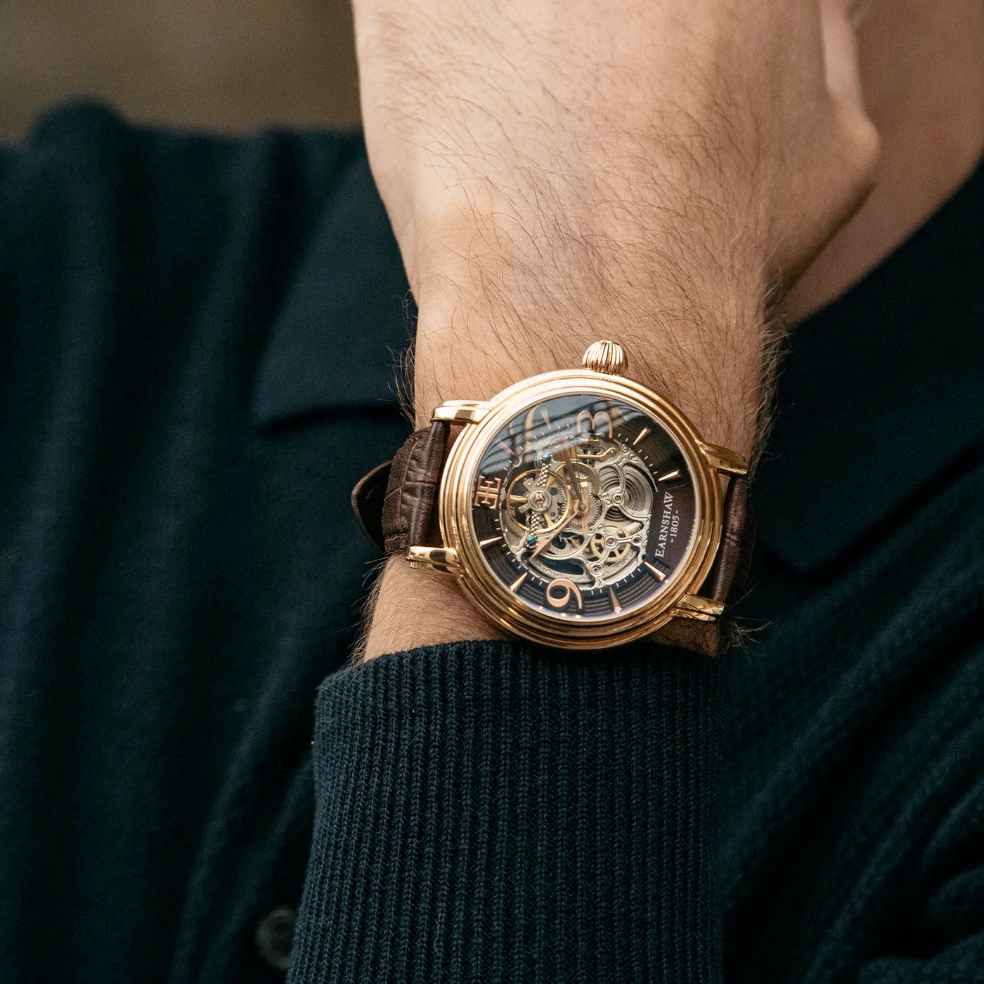 THOMAS EARNSHAW LONGCASE GRANDE SKELETON AUTOMATIC Brandy Rose Gold