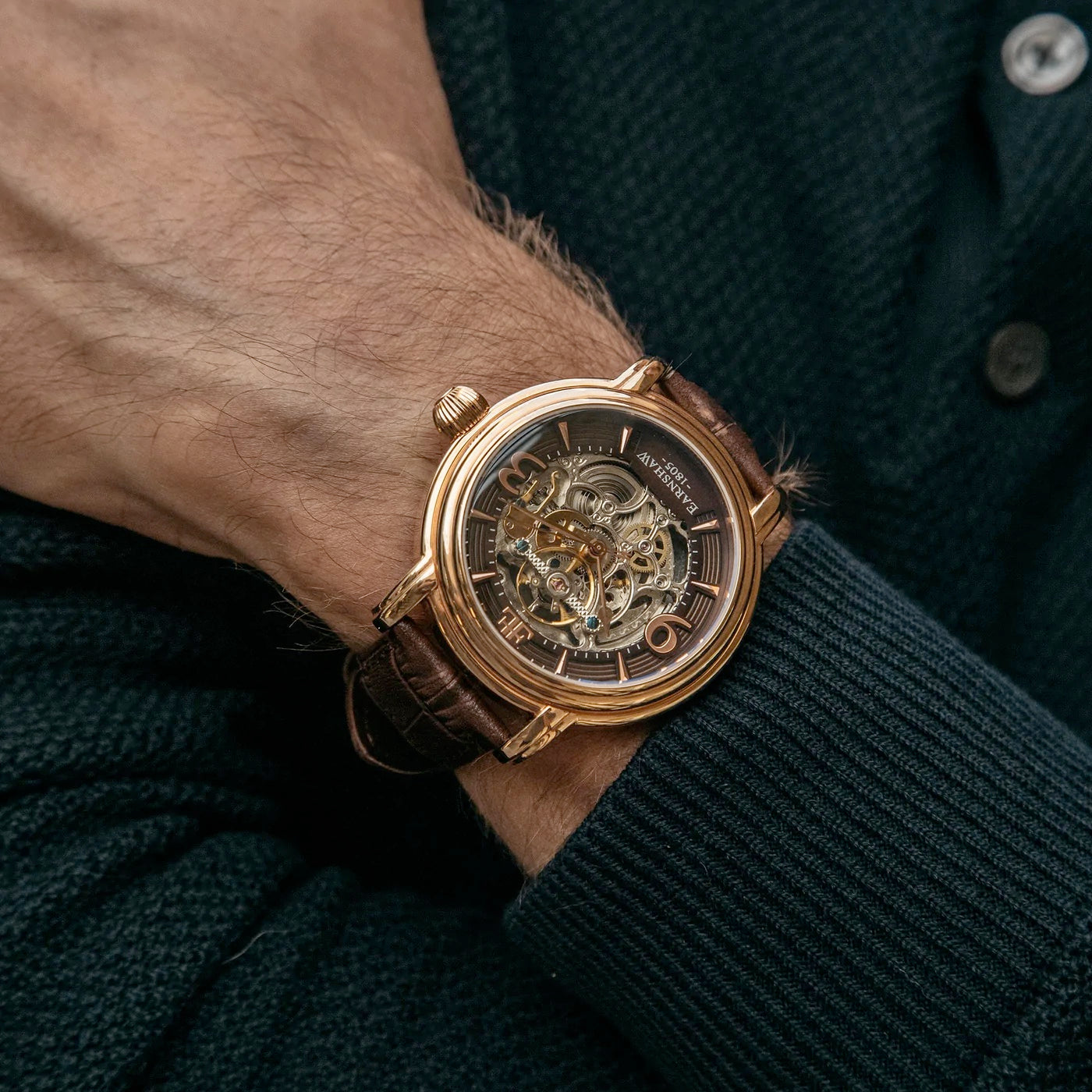 THOMAS EARNSHAW LONGCASE GRANDE SKELETON AUTOMATIC Brandy Rose Gold