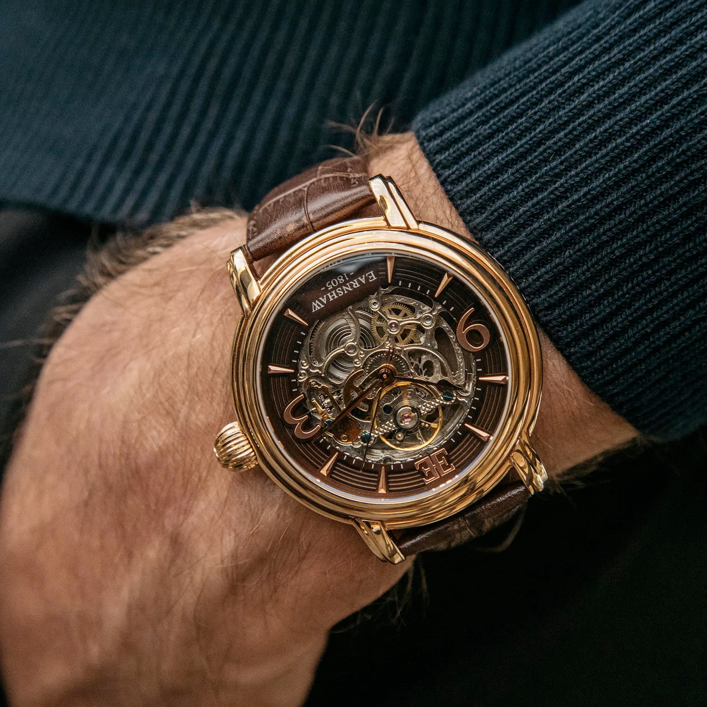 THOMAS EARNSHAW LONGCASE GRANDE SKELETON AUTOMATIC Brandy Rose Gold