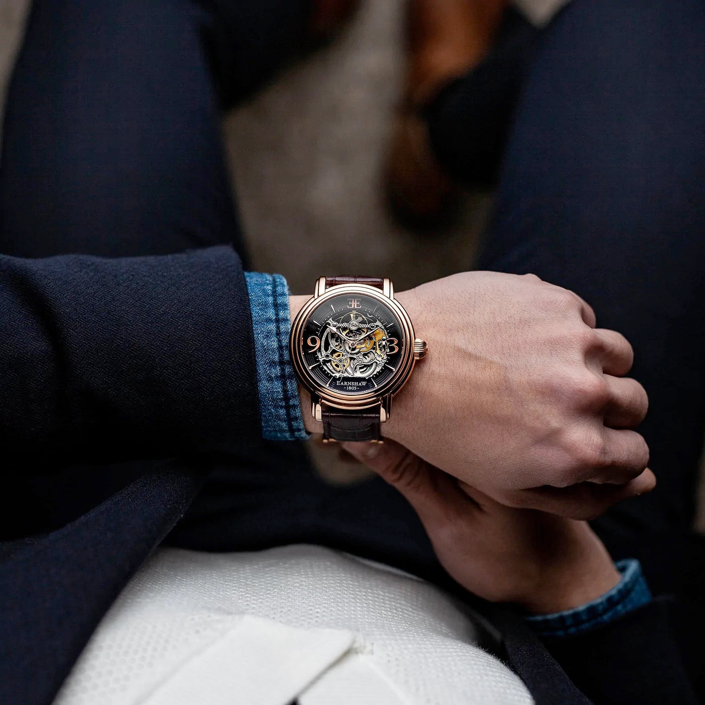 THOMAS EARNSHAW LONGCASE GRANDE SKELETON AUTOMATIC Brandy Rose Gold