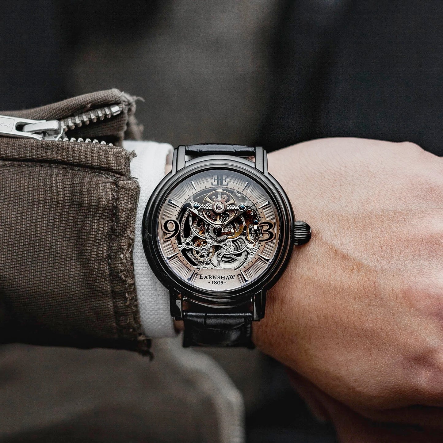 THOMAS EARNSHAW LONGCASE GRANDE SKELETON AUTOMATIC Stormy Black