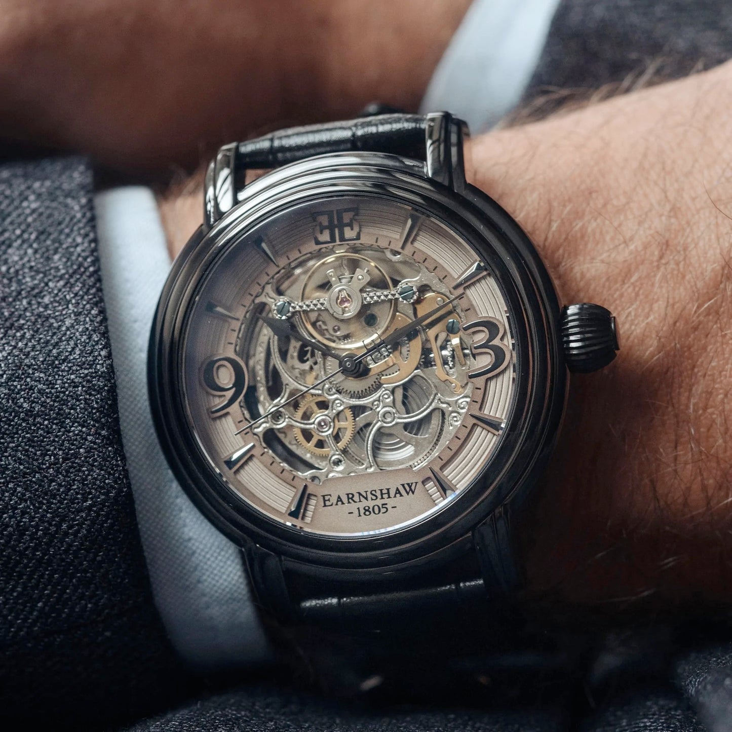 THOMAS EARNSHAW LONGCASE GRANDE SKELETON AUTOMATIC Stormy Black