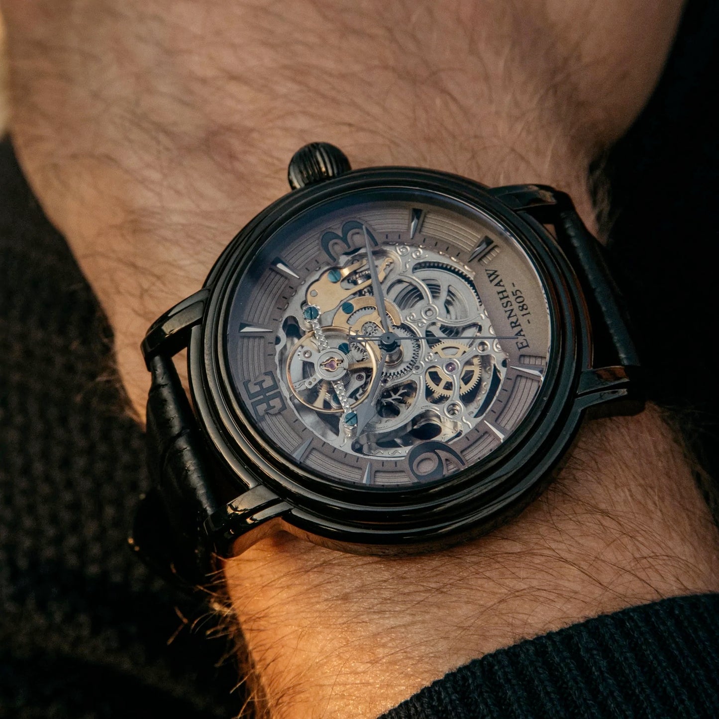 THOMAS EARNSHAW LONGCASE GRANDE SKELETON AUTOMATIC Stormy Black