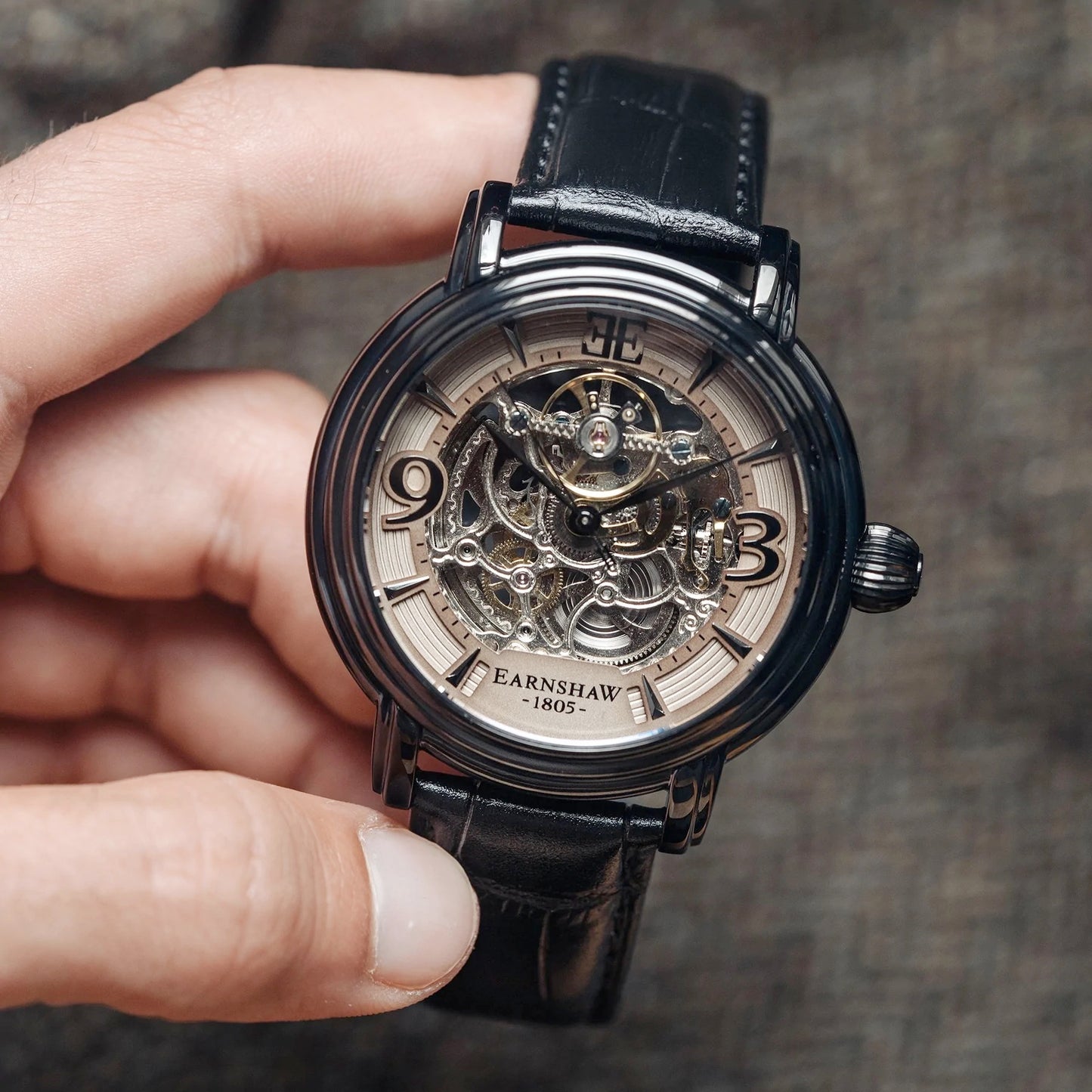 THOMAS EARNSHAW LONGCASE GRANDE SKELETON AUTOMATIC Stormy Black