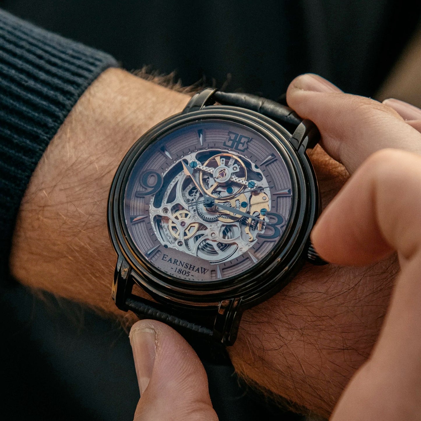 THOMAS EARNSHAW LONGCASE GRANDE SKELETON AUTOMATIC Stormy Black