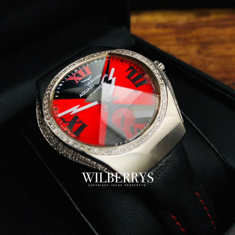 Women's Ice Diamond Black/red Dial Prism Crystal Swiss Watch Leather