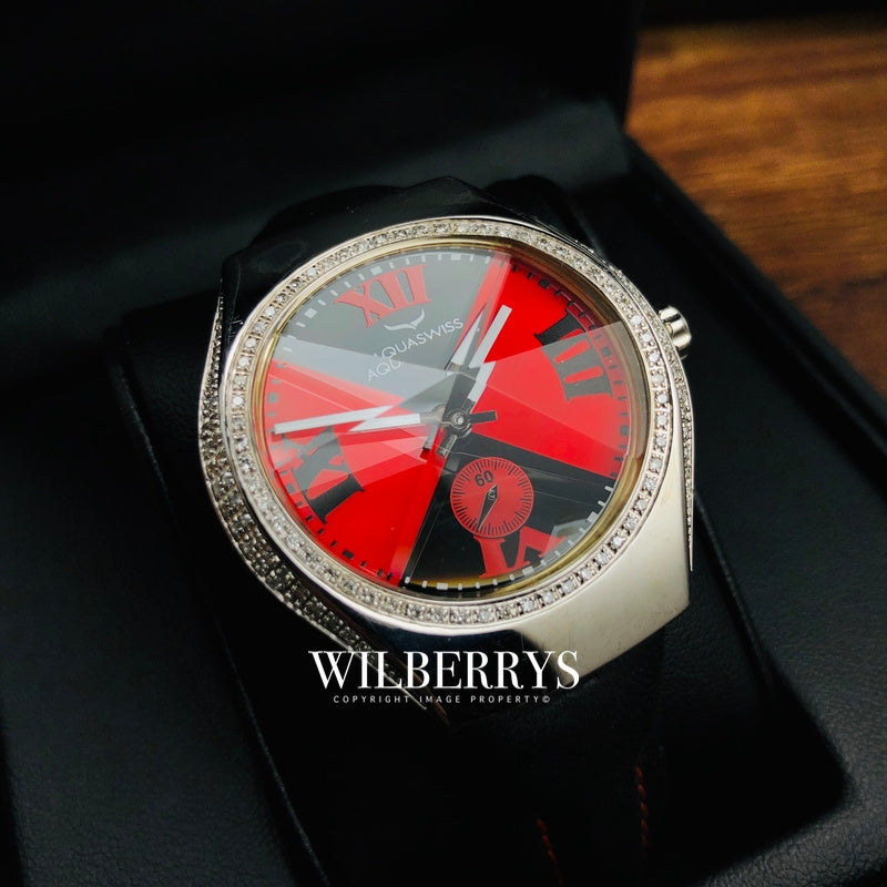 Women's Ice Diamond Black/red Dial Prism Crystal Swiss Watch Leather