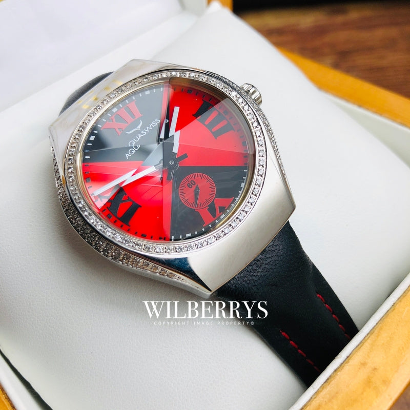 Women's Ice Diamond Black/red Dial Prism Crystal Swiss Watch Leather