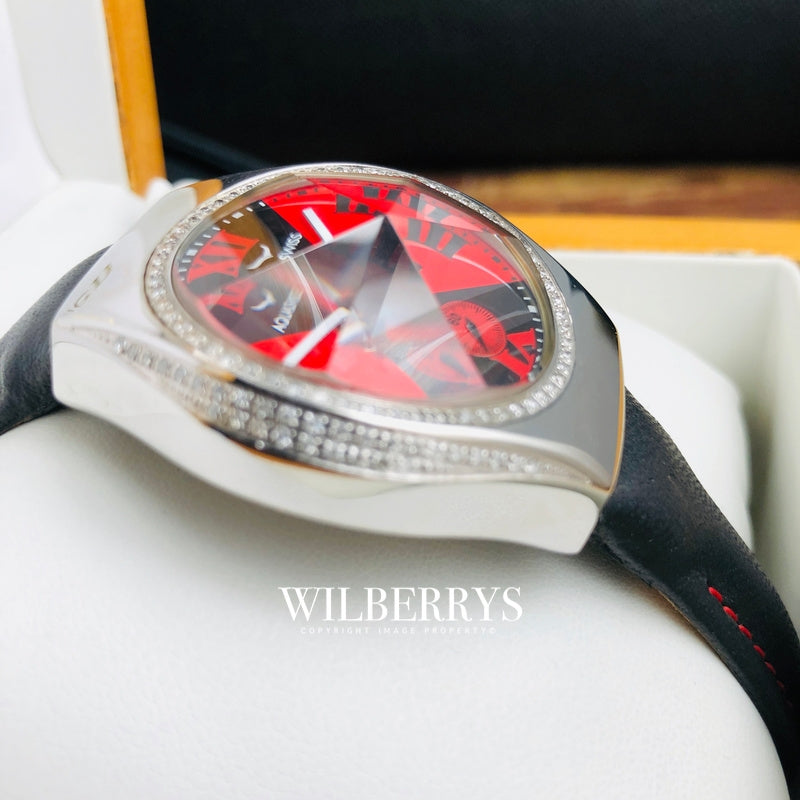 Women's Ice Diamond Black/red Dial Prism Crystal Swiss Watch Leather