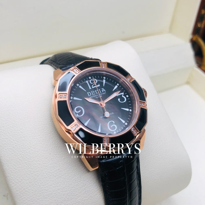 Lily L Black Mother of Pearl Diamond Rose Gold Watch