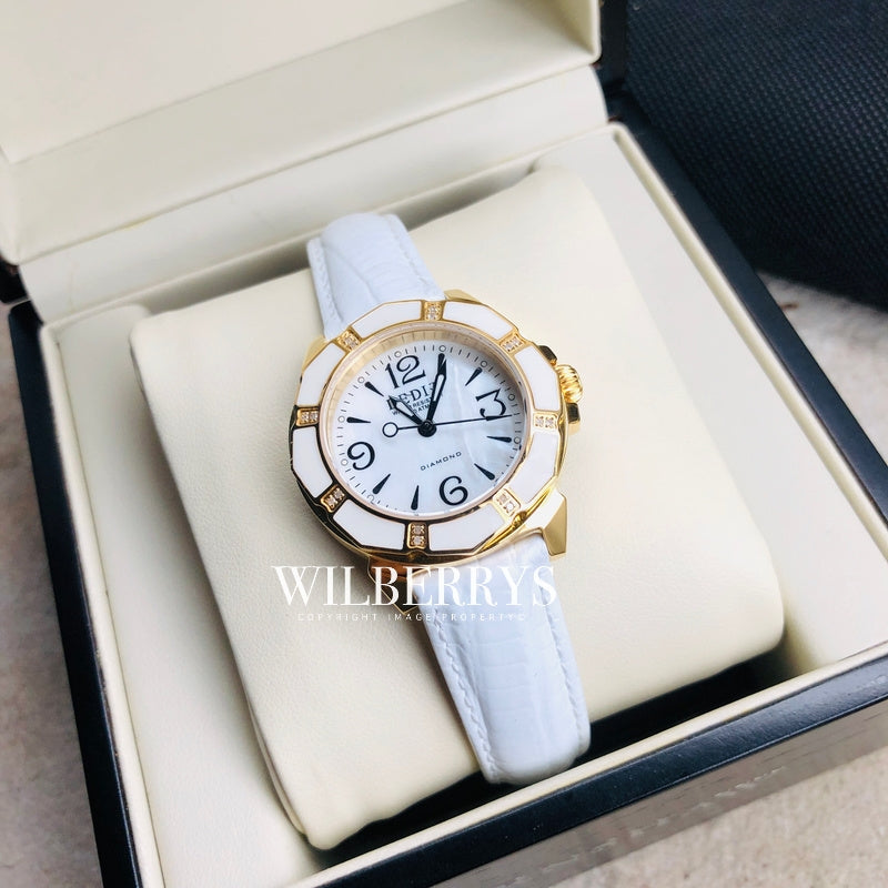 Lily L Mother of Pearl Diamond Snow/Gold Leather Watch