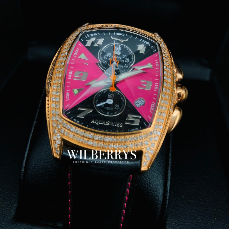 Men's Ice Diamond Chronograph Black/Pink Dial Prism Crystal Swiss Watch Leather