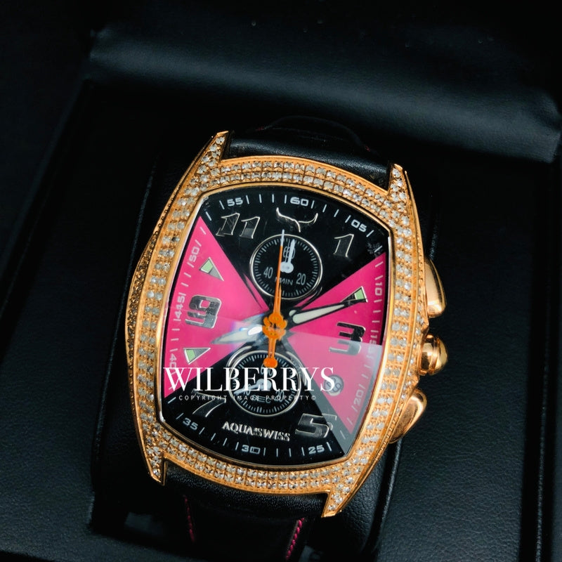 Men's Ice Diamond Chronograph Black/Pink Dial Prism Crystal Swiss Watch Leather