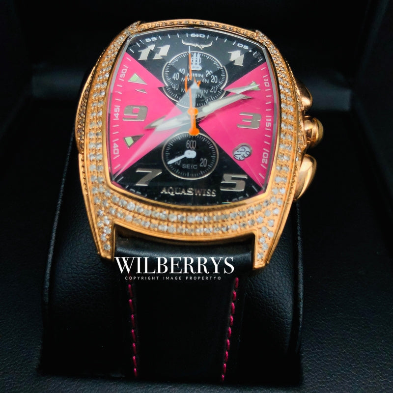 Men's Ice Diamond Chronograph Black/Pink Dial Prism Crystal Swiss Watch Leather