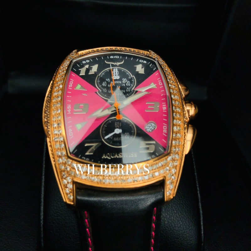 Men's Ice Diamond Chronograph Black/Pink Dial Prism Crystal Swiss Watch Leather