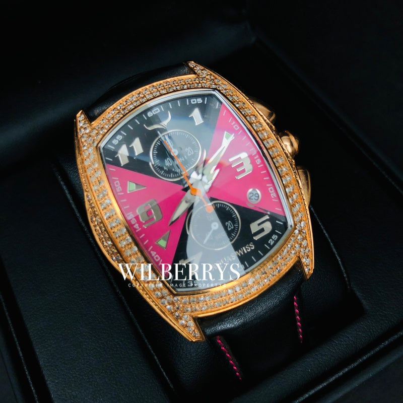 Men's Ice Diamond Chronograph Black/Pink Dial Prism Crystal Swiss Watch Leather