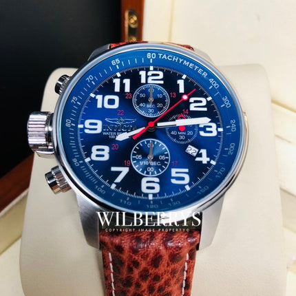 **INVICTA R1.00 AUCTION** Men's Aviator Force 46mm Leather/Silver Blue Chronograph Watch Watch