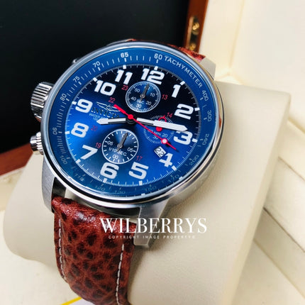 **INVICTA R1.00 AUCTION** Men's Aviator Force 46mm Leather/Silver Blue Chronograph Watch Watch