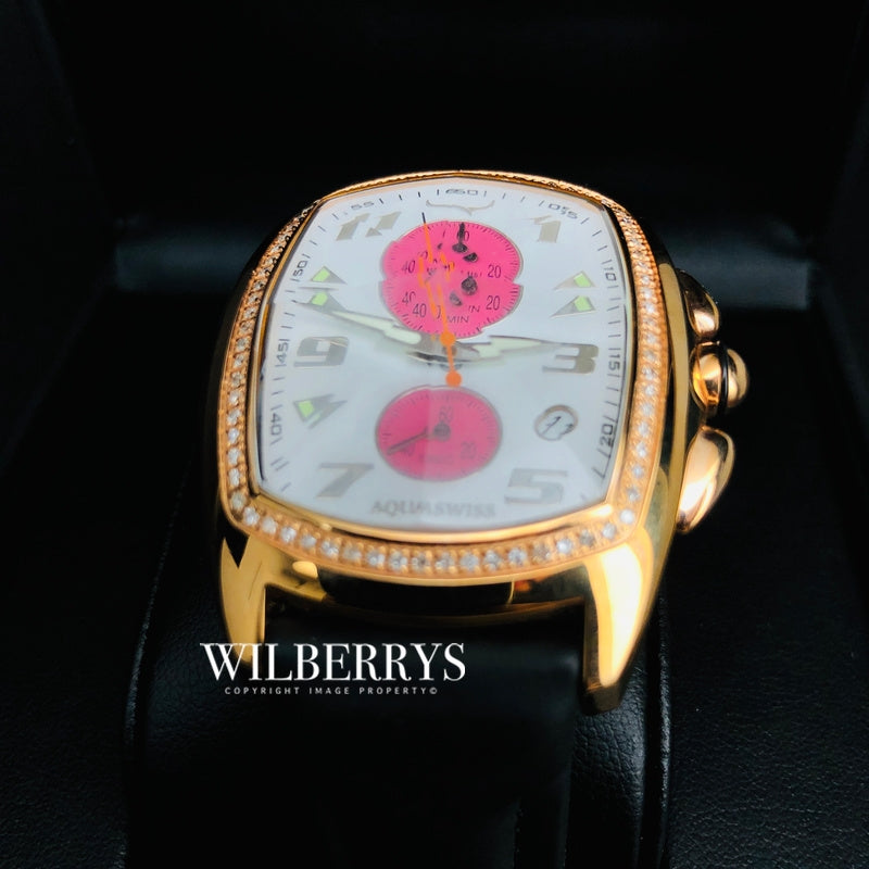 Men's Ice Diamond Chronograph White/Pink Dial Prism Crystal Swiss Watch Leather