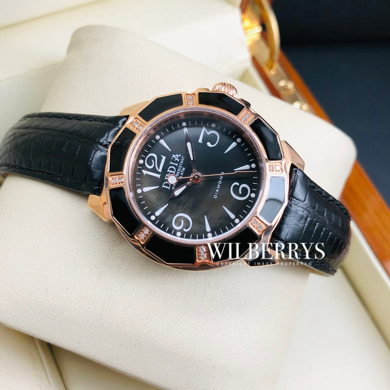 Lily L Black Mother of Pearl Diamond Rose Gold Watch