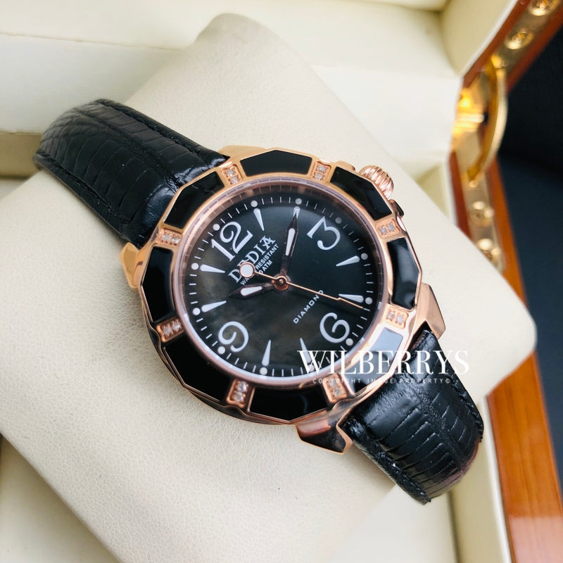 Lily L Black Mother of Pearl Diamond Rose Gold Watch