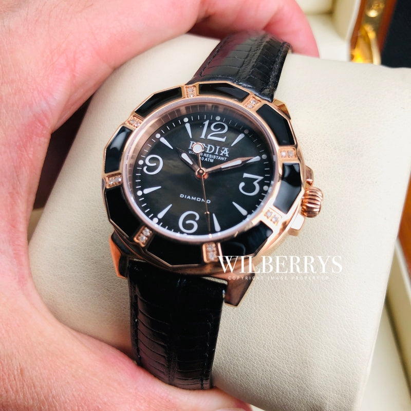 Lily L Black Mother of Pearl Diamond Rose Gold Watch