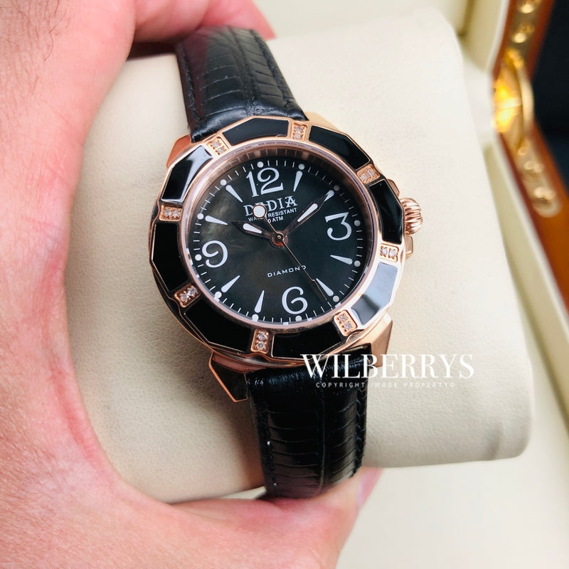 Lily L Black Mother of Pearl Diamond Rose Gold Watch