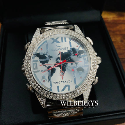 AQUASWISS Men's Diablo DIAMOND ENCRUSTED 6 Time Zone XL Time Traveller Watch