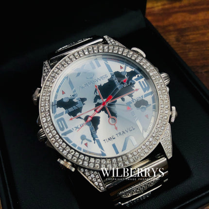 AQUASWISS Men's Diablo DIAMOND ENCRUSTED 6 Time Zone XL Time Traveller Watch